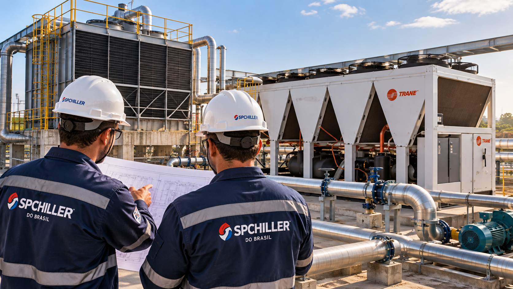 Engenharia SPCHILLER analisando projeto de locação de chiller industrial com torre de resfriamento e sistema de água gelada
